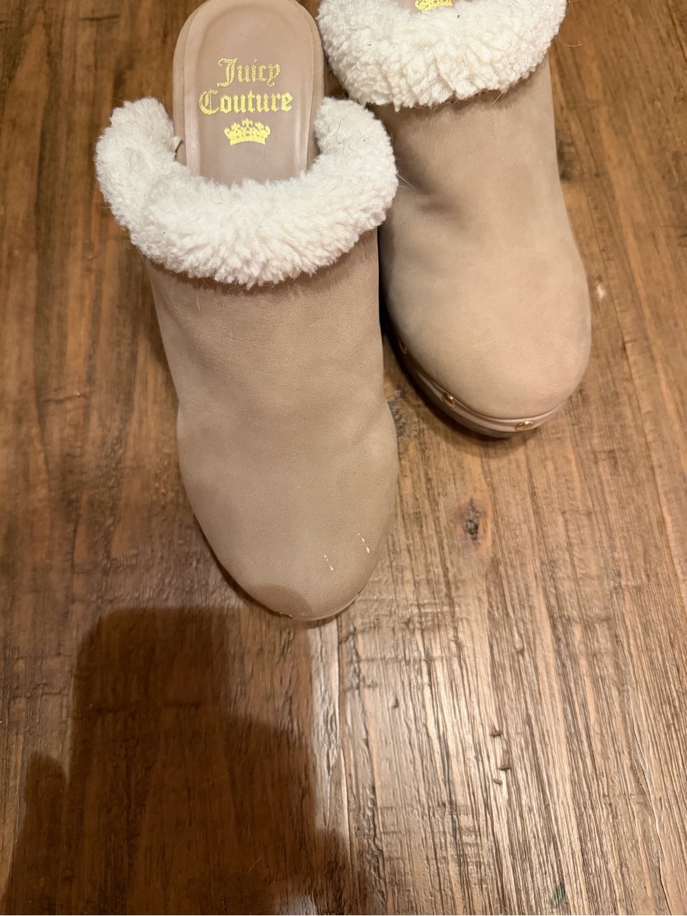 Juicy Couture Tan Suede Shearling-Trim Slip-On Mules size 6.5